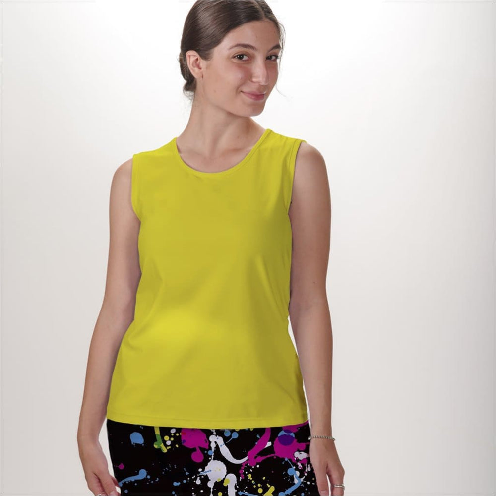 Front image of Skort Obsession sleeveless crew neck top. Yellow basic tank top. 