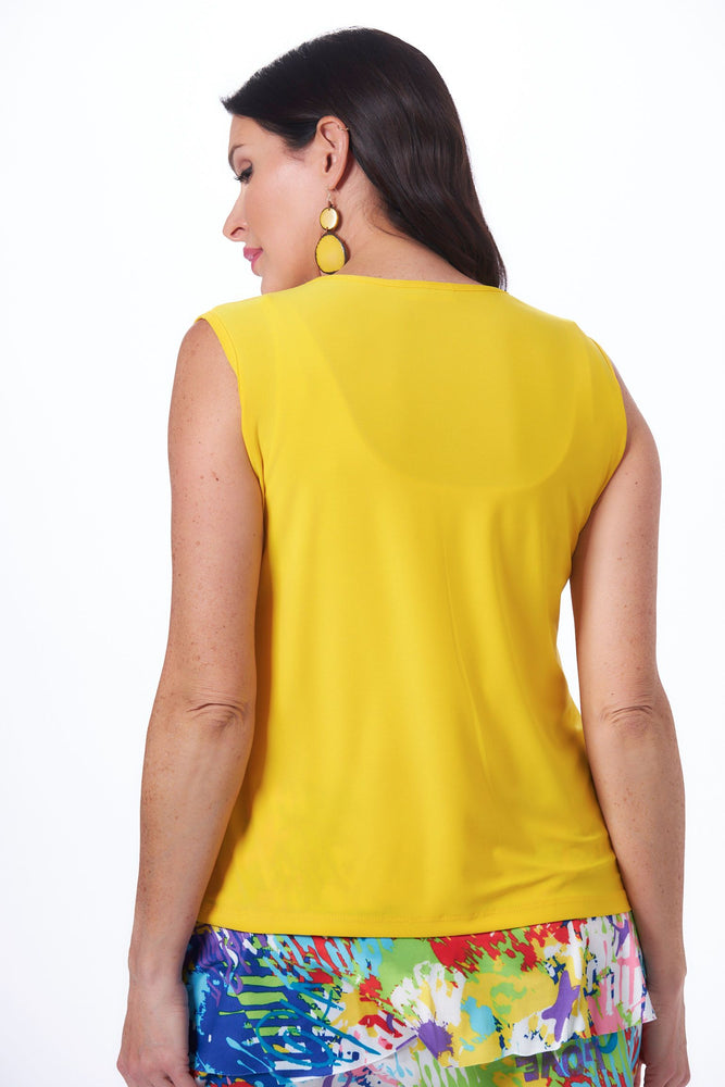 Back image of Fashque yellow ruffle front tank top. Sleeveless tank top. 